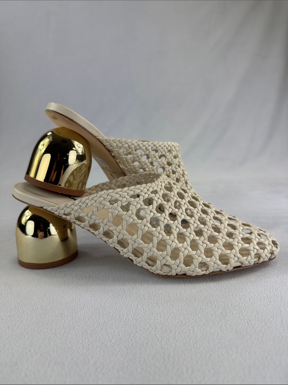 Larroude Woven Cream Mule Heels with Gold Block Heel